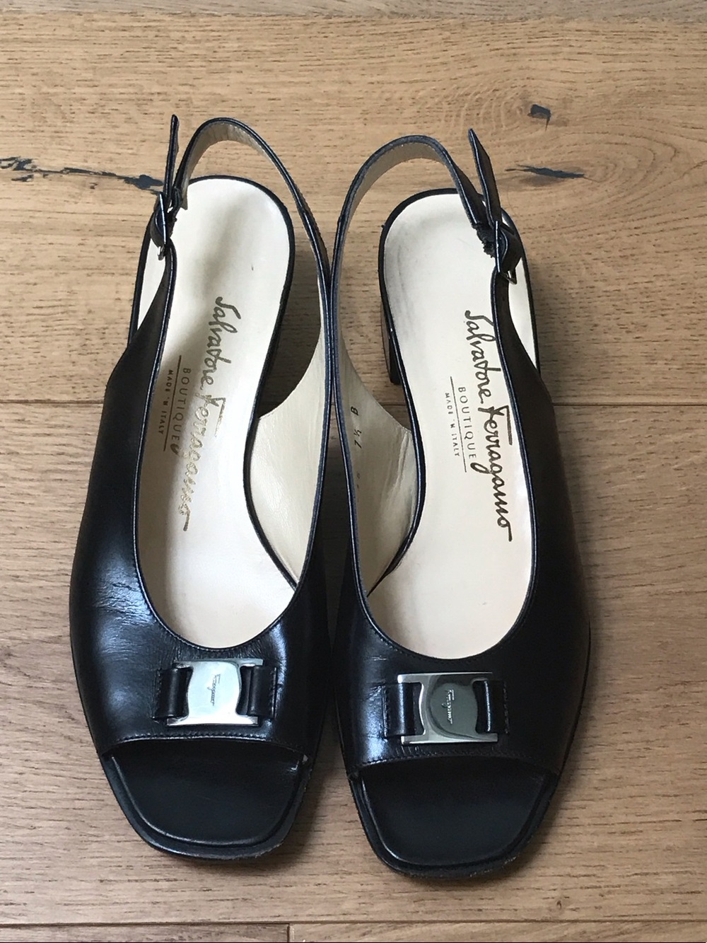 Salvatore Ferragamo Black Leather Slingback Peep-Toe Mules with Vara Hardware